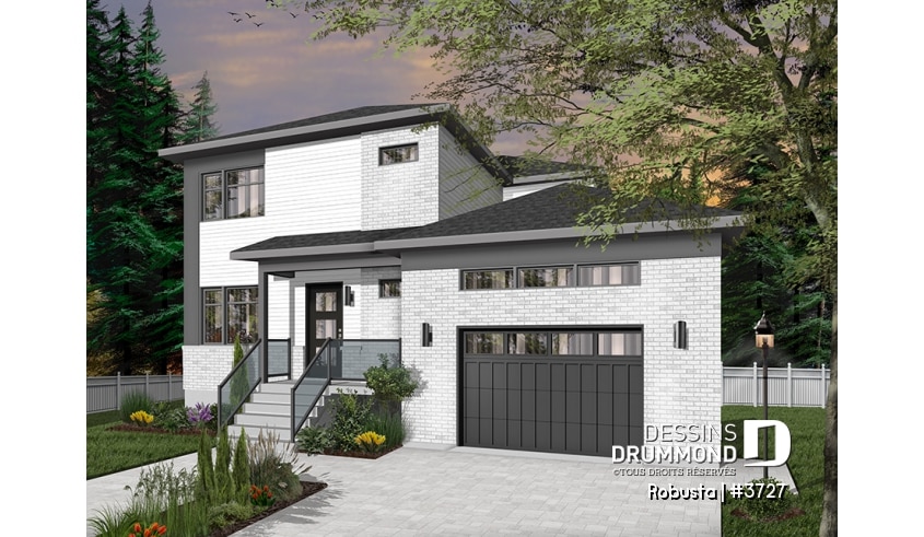 Version couleur no. 2 - Vue avant - Plan de maison moderne à étage avec garage, 3 chambres + bureau, garde-manger, îlot - Montarville