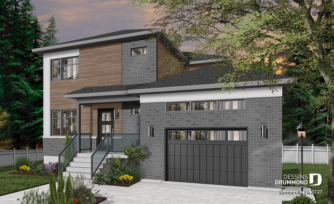 Version couleur no. 6 - Vue avant - Plan de maison moderne à étage avec garage, 3 chambres + bureau, garde-manger, îlot - Montarville