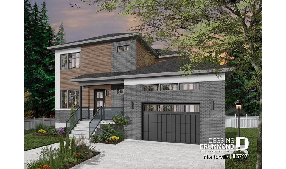 Version couleur no. 6 - Vue avant - Plan de maison moderne à étage avec garage, 3 chambres + bureau, garde-manger, îlot - Montarville