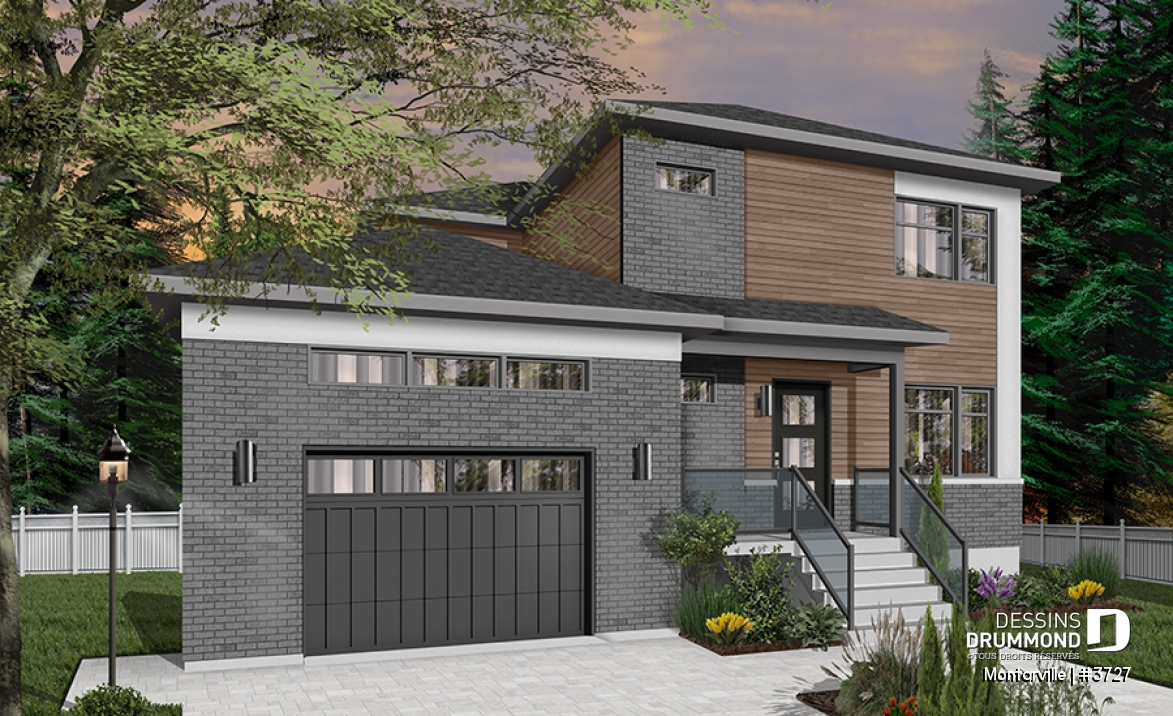 Version couleur no. 6 - Vue avant - Plan de maison moderne à étage avec garage, 3 chambres + bureau, garde-manger, îlot - Montarville