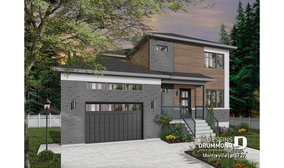 Version couleur no. 6 - Vue avant - Plan de maison moderne à étage avec garage, 3 chambres + bureau, garde-manger, îlot - Montarville