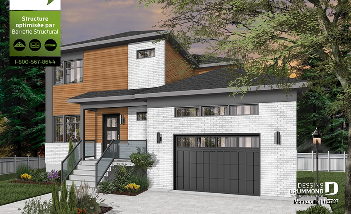 Vue avant - MODÈLE DE BASE - Plan de maison moderne à étage avec garage, 3 chambres + bureau, garde-manger, îlot - Montarville