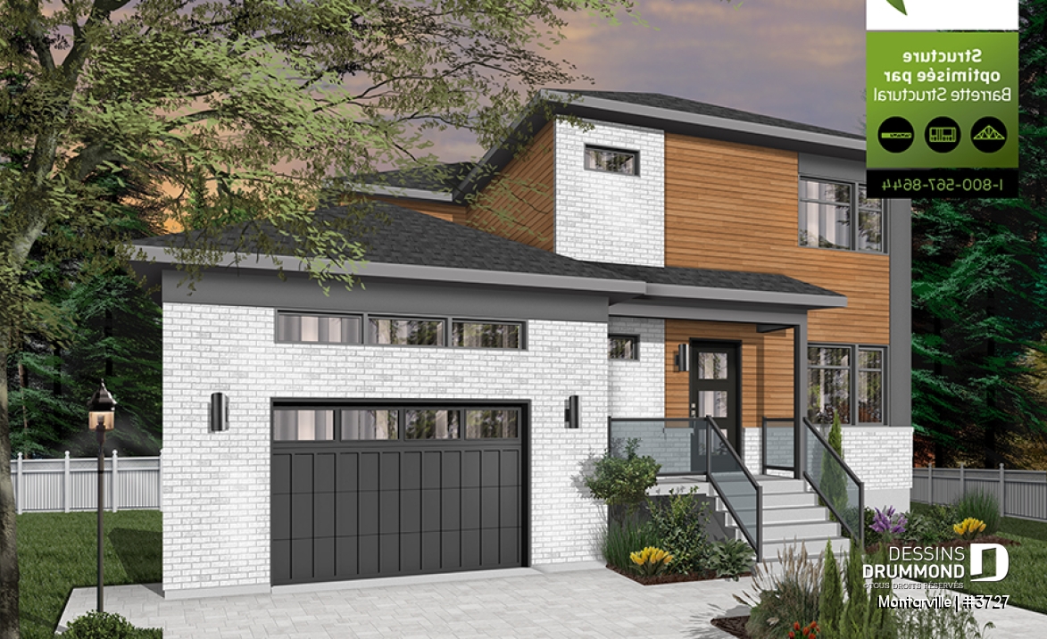 Vue avant - MODÈLE DE BASE - Plan de maison moderne à étage avec garage, 3 chambres + bureau, garde-manger, îlot - Montarville