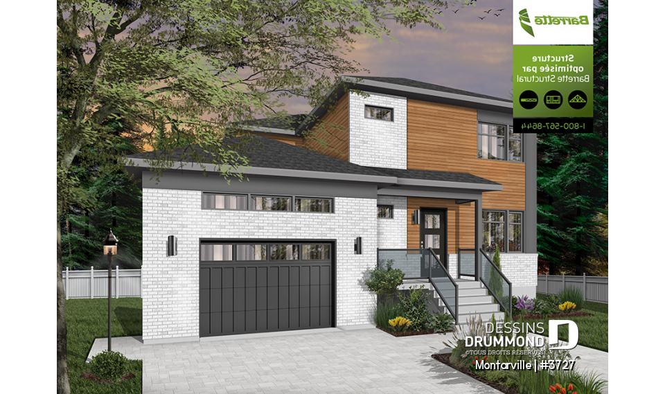 Vue avant - MODÈLE DE BASE - Plan de maison moderne à étage avec garage, 3 chambres + bureau, garde-manger, îlot - Montarville