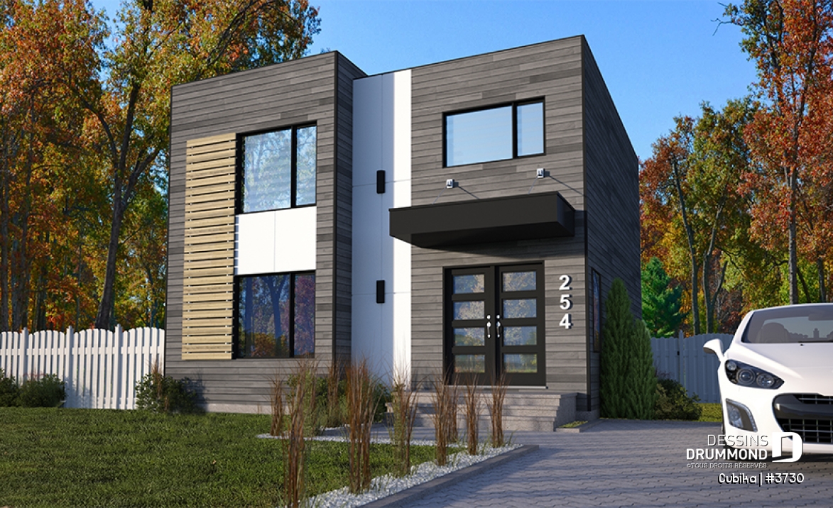 Vue avant - MODÈLE DE BASE - Plan de maison contemporaine abordable à étage, 3 chambres, salle de lavage à l'étage, garde-manger - Cubika