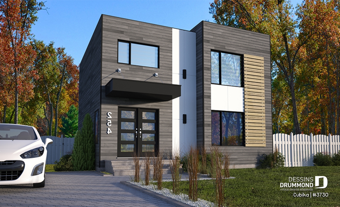 Vue avant - MODÈLE DE BASE - Plan de maison contemporaine abordable à étage, 3 chambres, salle de lavage à l'étage, garde-manger - Cubika