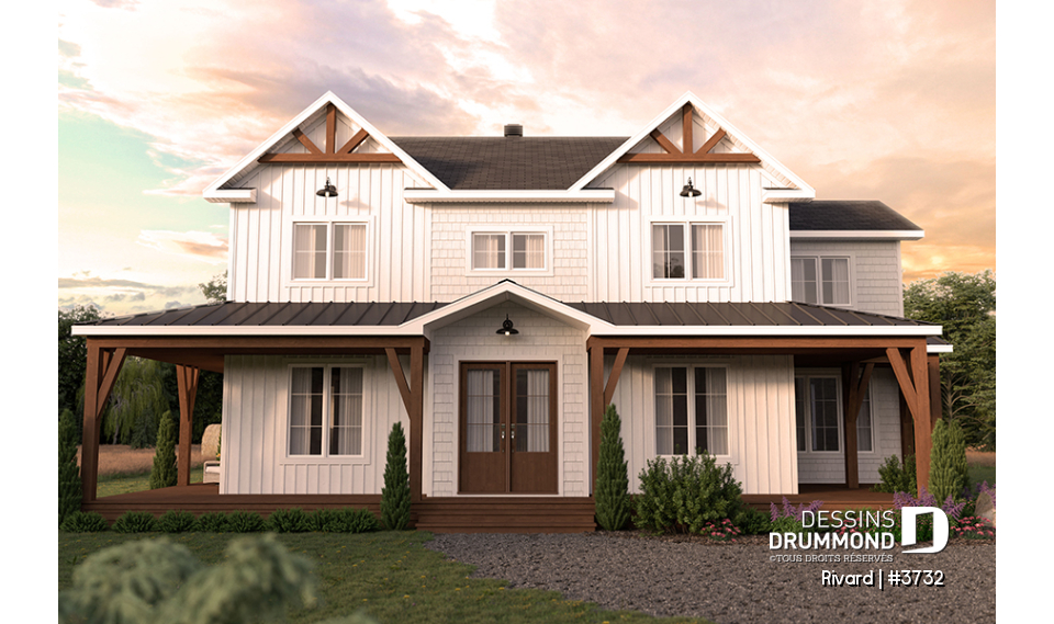 Alternative - Modèle de farmhouse 4 chambres, galerie sur 4 faces, salle de jeux, espace 2 bureaux - Rivard