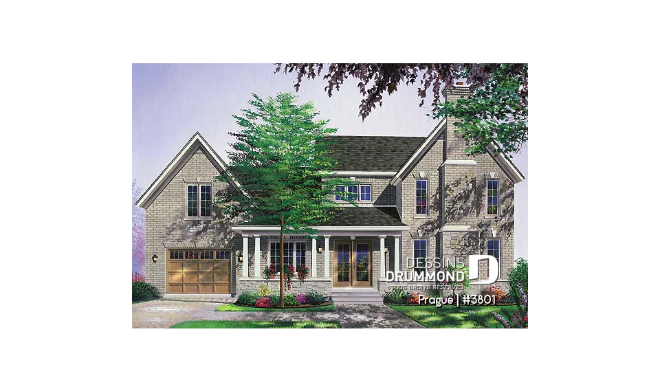 Vue avant - MODÈLE DE BASE - Maison champêtre avec espace boni, 3 chambres, 2 salled de séjour, foyer, grande cuisine avec îlot - Prague