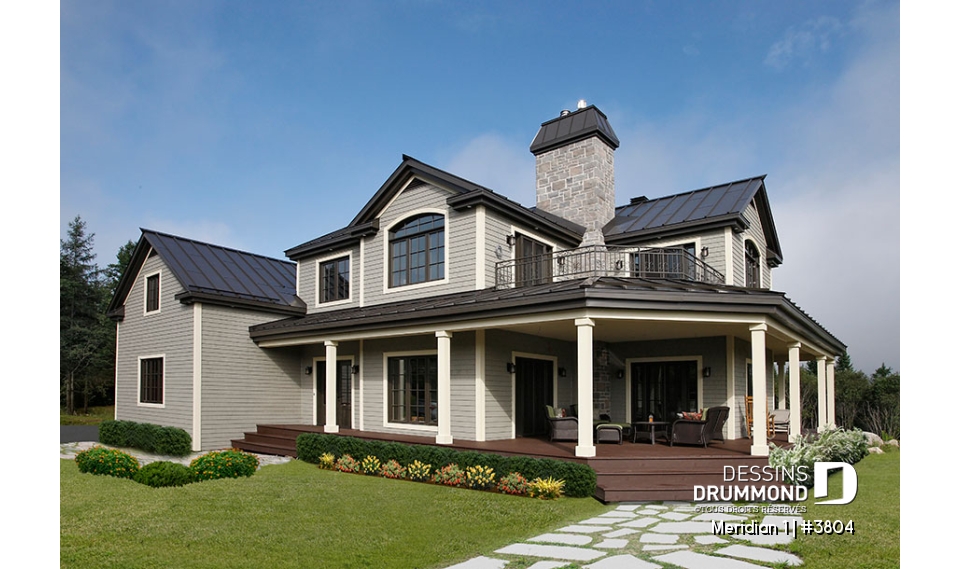 Vue avant - MODÈLE DE BASE - Plan de maison pour bord de l'eau, 3 chambres, plafond 9', coin lecture, 2 salons, garage double - Meridian 1