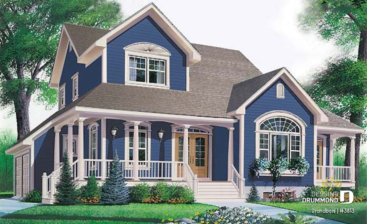 Vue avant - MODÈLE DE BASE - Plan de maison de campagne, 3 chambres, bureau à domicile, foyer au salon, 2 salles de séjour, garage double - Grandbois