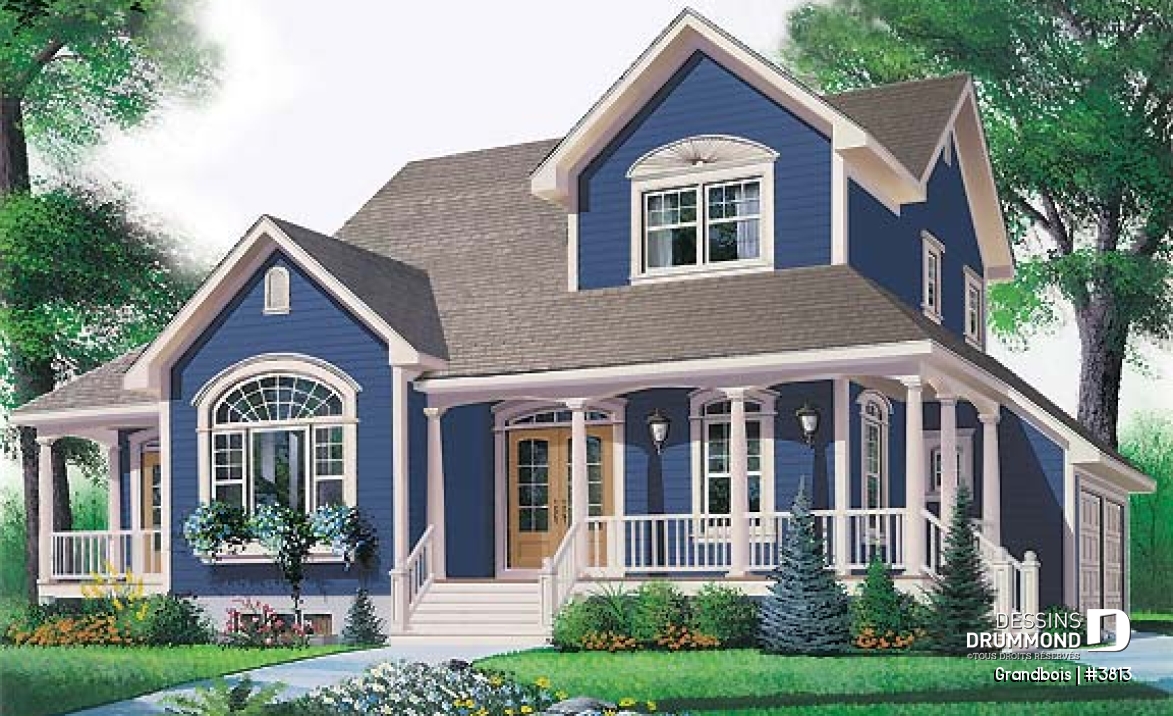 Vue avant - MODÈLE DE BASE - Plan de maison de campagne, 3 chambres, bureau à domicile, foyer au salon, 2 salles de séjour, garage double - Grandbois