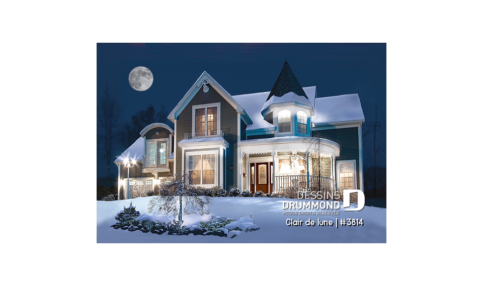 Vue avant - MODÈLE DE BASE - Plan de maison victorienne, 3 à 4 chambres, salon et salle familiale séparée, espace boni au-dessus du garage - Clair de lune