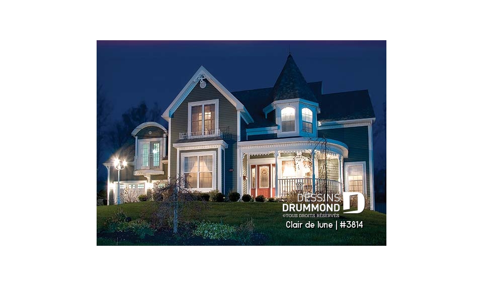 Vue avant - MODÈLE DE BASE - Plan de maison victorienne, 3 à 4 chambres, salon et salle familiale séparée, espace boni au-dessus du garage - Clair de lune