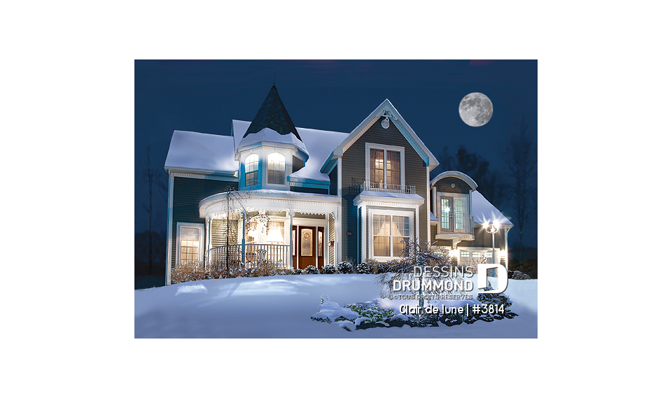 Vue avant - MODÈLE DE BASE - Plan de maison victorienne, 3 à 4 chambres, salon et salle familiale séparée, espace boni au-dessus du garage - Clair de lune