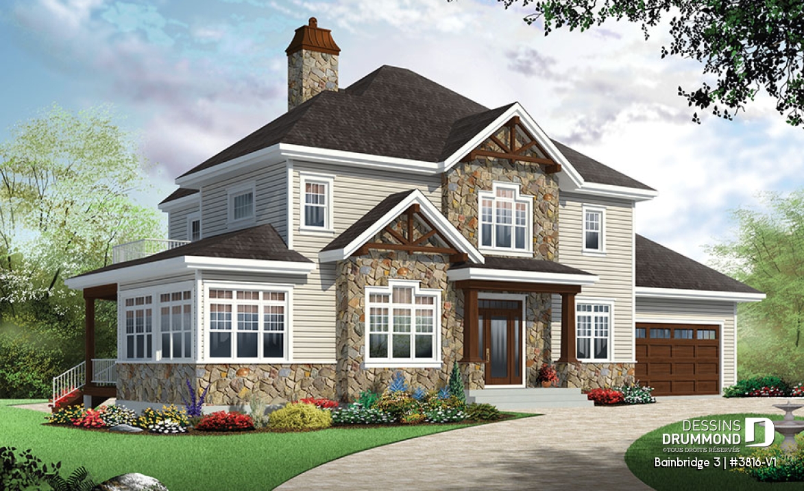 Vue avant - MODÈLE DE BASE - Plan maison Craftsman, poutres bois rustique, 4+ chambres, 4 s. bain, solarium, foyer  - Bainbridge 3