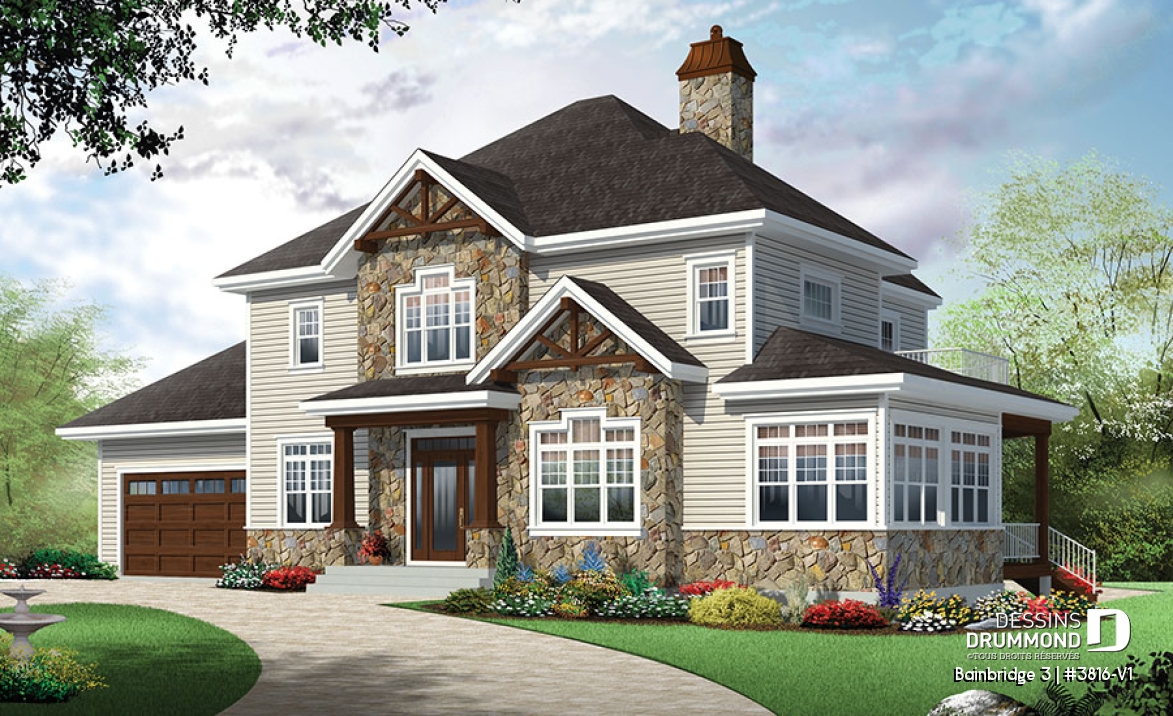 Vue avant - MODÈLE DE BASE - Plan maison Craftsman, poutres bois rustique, 4+ chambres, 4 s. bain, solarium, foyer  - Bainbridge 3