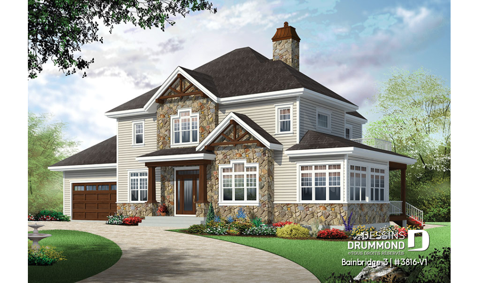 Vue avant - MODÈLE DE BASE - Plan maison Craftsman, poutres bois rustique, 4+ chambres, 4 s. bain, solarium, foyer  - Bainbridge 3