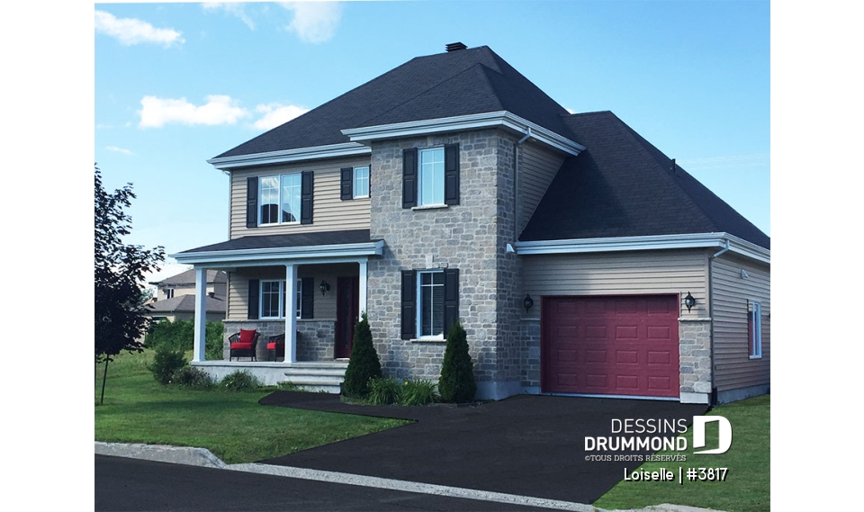 Vue avant - MODÈLE DE BASE - Plan d'inspiration anglaise, salle à manger formelle, maîtres avec grand walk-in, 3 chambre, garage - Loiselle