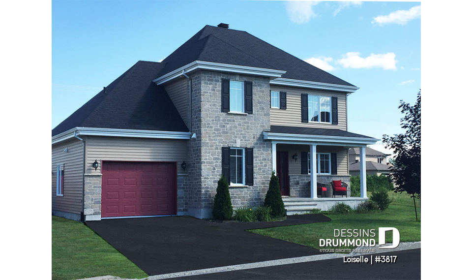 Vue avant - MODÈLE DE BASE - Plan d'inspiration anglaise, salle à manger formelle, maîtres avec grand walk-in, 3 chambre, garage - Loiselle