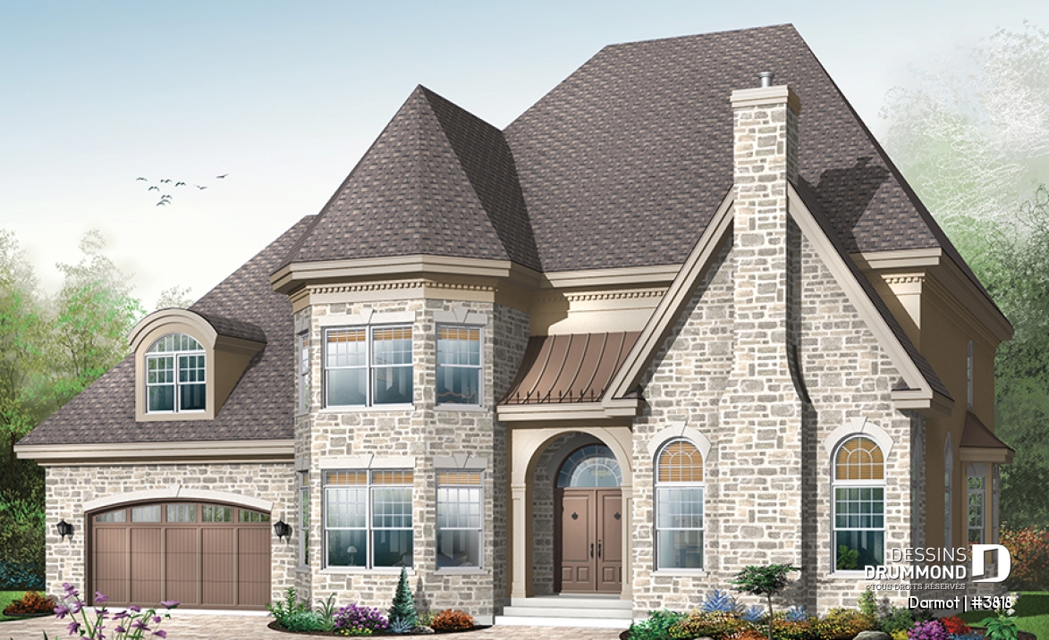Vue avant - MODÈLE DE BASE - Plan de maison luxueuse, style Manoir avec mezzanine, 4 chambres + espace boni, garage double - Darmot