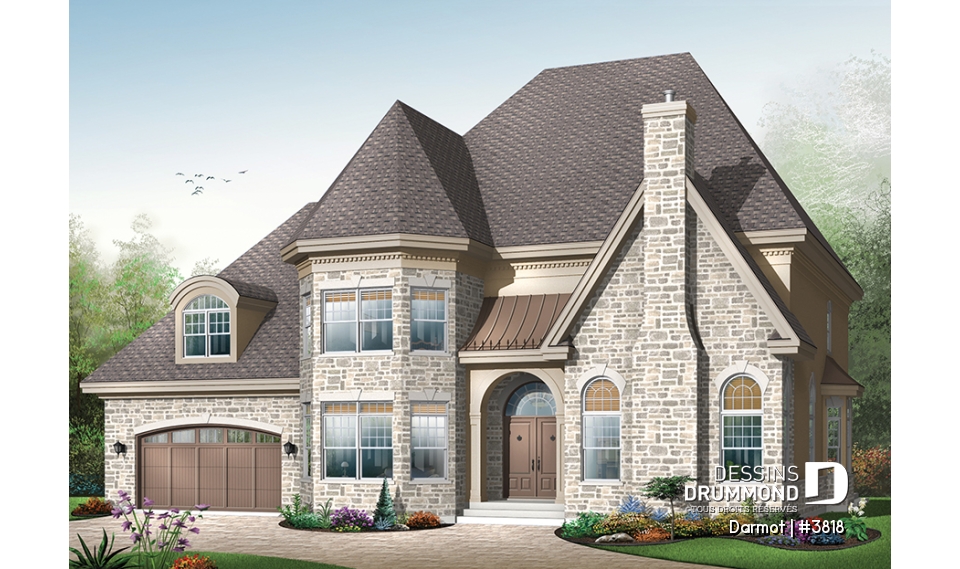 Vue avant - MODÈLE DE BASE - Plan de maison luxueuse, style Manoir avec mezzanine, 4 chambres + espace boni, garage double - Darmot