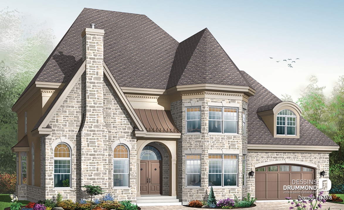 Vue avant - MODÈLE DE BASE - Plan de maison luxueuse, style Manoir avec mezzanine, 4 chambres + espace boni, garage double - Darmot