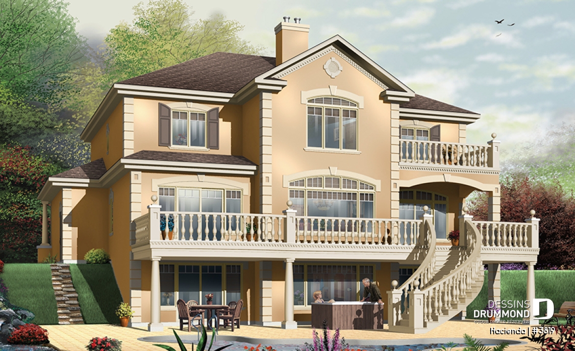 Vue arrière - MODÈLE DE BASE - Plan de maison style espagnol, 4 chambres, 4 salles de bain, 2 foyer, garage double, superbes terrasses - Hacienda