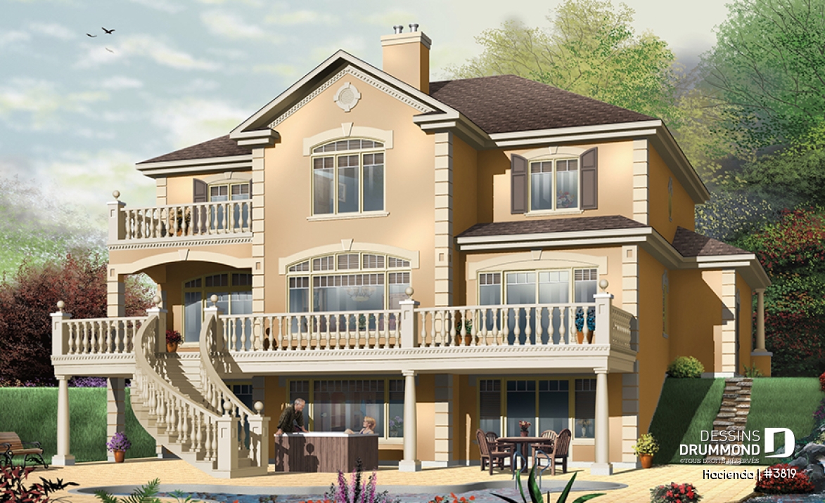 Vue arrière - MODÈLE DE BASE - Plan de maison style espagnol, 4 chambres, 4 salles de bain, 2 foyer, garage double, superbes terrasses - Hacienda