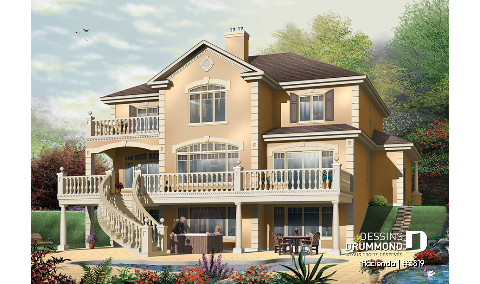 Vue arrière - MODÈLE DE BASE - Plan de maison style espagnol, 4 chambres, 4 salles de bain, 2 foyer, garage double, superbes terrasses - Hacienda