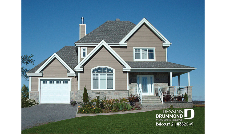 Vue avant - MODÈLE DE BASE - Plan de maison de campagne avec garage, grand portique d'entrée avec garde-robe, 3 chambres, 2 salles de bain - Belcourt 2