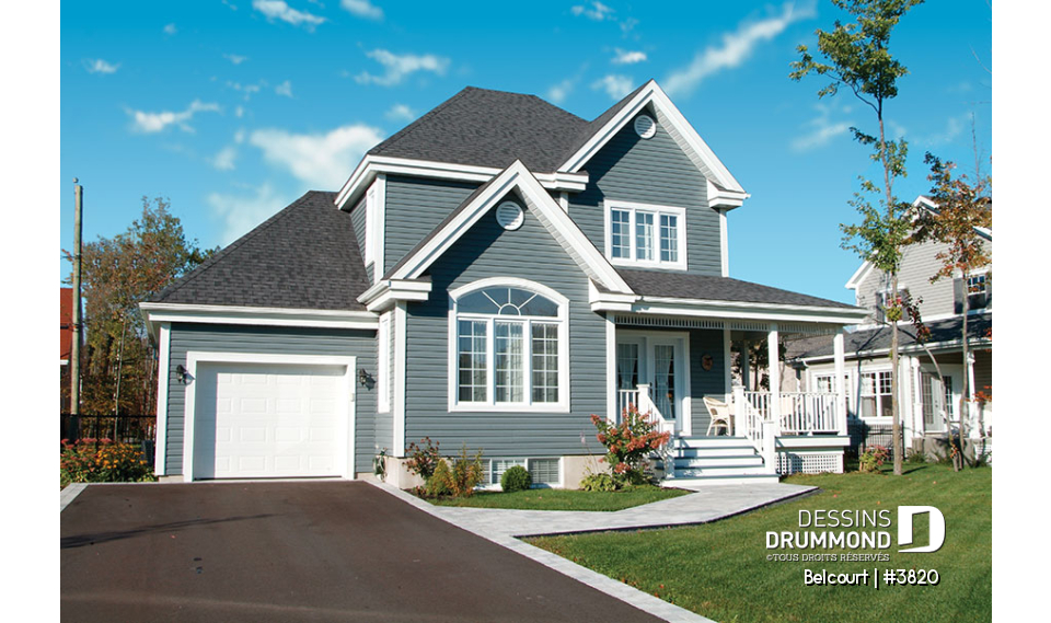 Vue avant - MODÈLE DE BASE - Plan de maison champêtre économique, 3 chambres, garage et sous-sol aménageable - Belcourt