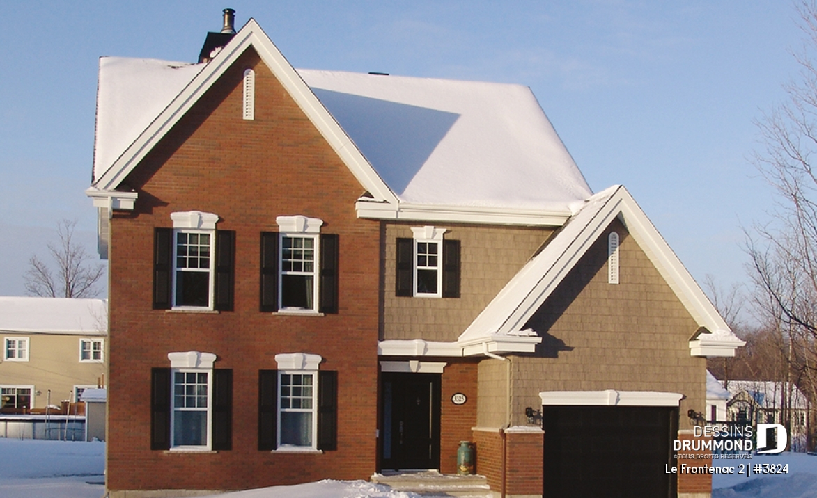 Vue avant - MODÈLE DE BASE - Plan de maison à étage avec garage, foyer deux faces, 3 chambres, 2 salles de bain, garde-manger - Le Frontenac 2