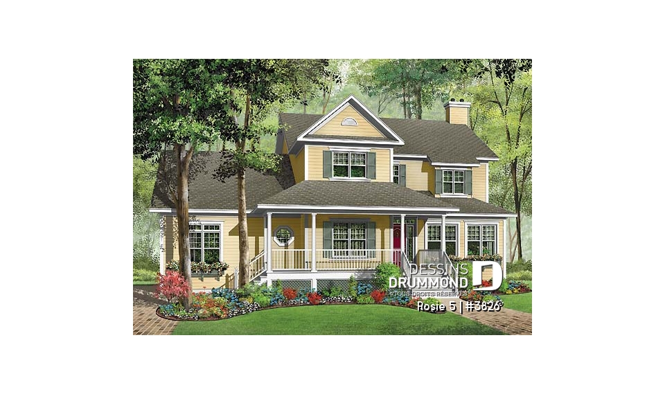 Vue avant - MODÈLE DE BASE - Plan de maison champêtre, 3 à 4 chambres, garage 3 voitures, bureau à domicile, coin déjeuner - Rosie 5