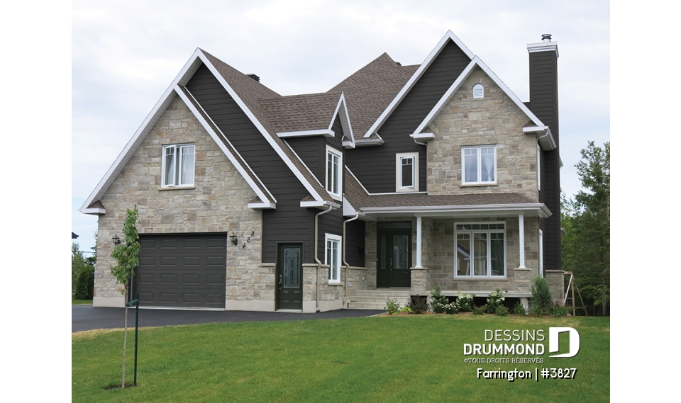 Version couleur no. 3 - Vue avant - Plan de maison 4 chambres + espace boni, bureau à domicile, plafond 9', foyer en coin, garage double - Farrington