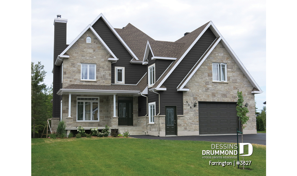 Version couleur no. 3 - Vue avant - Plan de maison 4 chambres + espace boni, bureau à domicile, plafond 9', foyer en coin, garage double - Farrington
