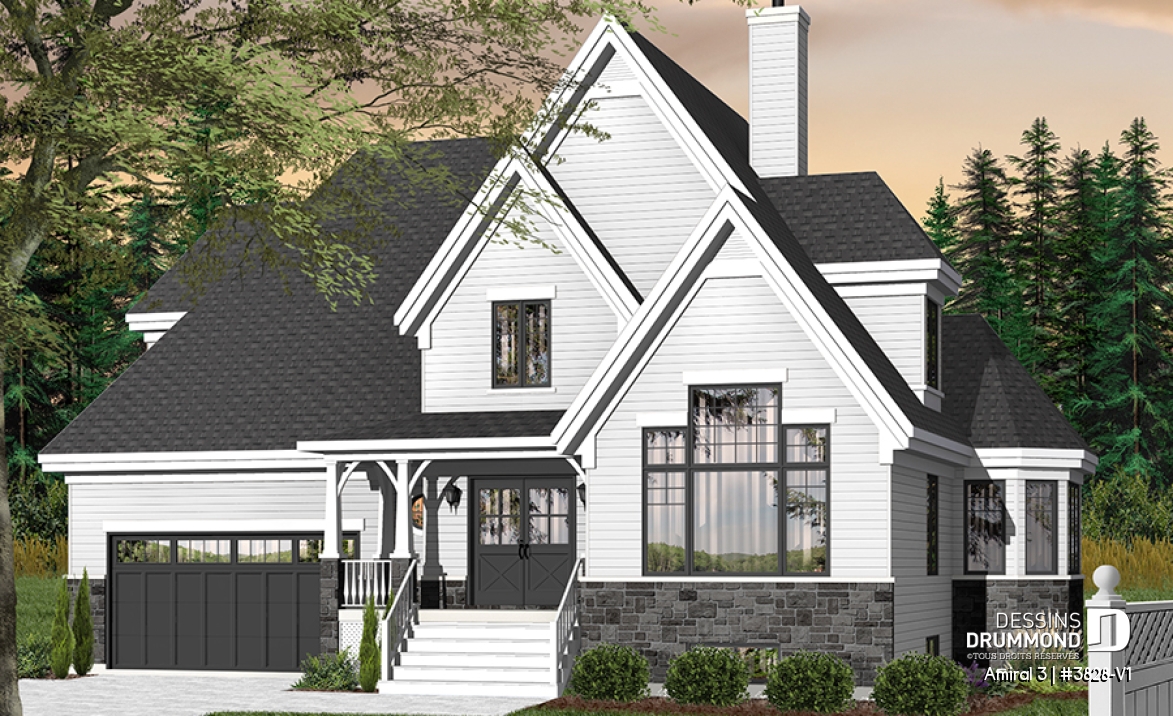 Version couleur no. 1 - Vue avant - Plan de maison style Tudor, 4 grandes chambres, suite des maîtres séparées, garage double - Amiral 3