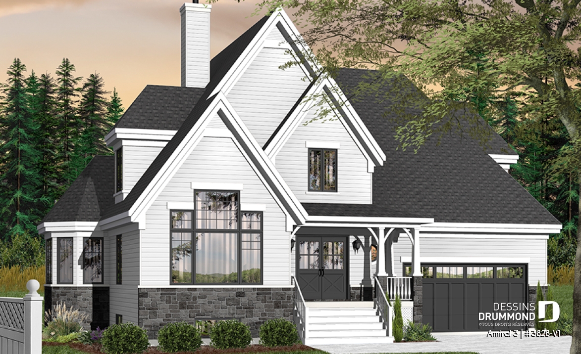 Version couleur no. 1 - Vue avant - Plan de maison style Tudor, 4 grandes chambres, suite des maîtres séparées, garage double - Amiral 3