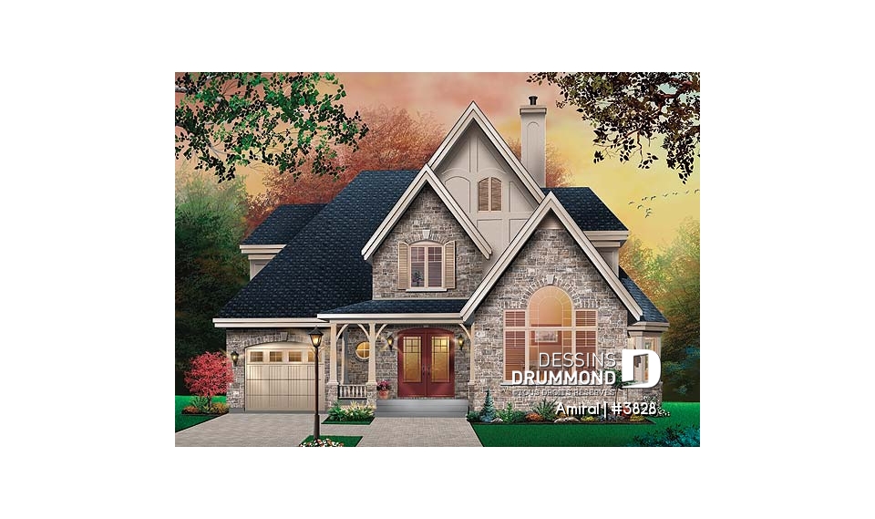 Vue avant - MODÈLE DE BASE - Plan de maison style manoir, 3 chambres, plafond cathédrale - Amiral