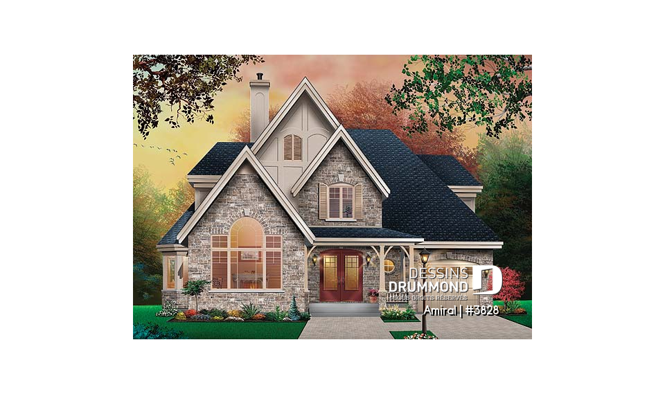 Vue avant - MODÈLE DE BASE - Plan de maison style manoir, 3 chambres, plafond cathédrale - Amiral