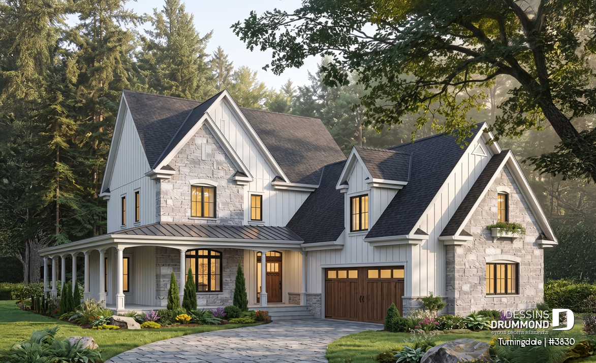 Vue avant - MODÈLE DE BASE - Plan de maison farmhouse 4 chambres, garage double, bureau à domicile &amp; grand espace boni au-dessus du garage - Turningdale