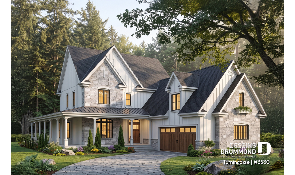 Vue avant - MODÈLE DE BASE - Plan de maison farmhouse 4 chambres, garage double, bureau à domicile &amp; grand espace boni au-dessus du garage - Turningdale