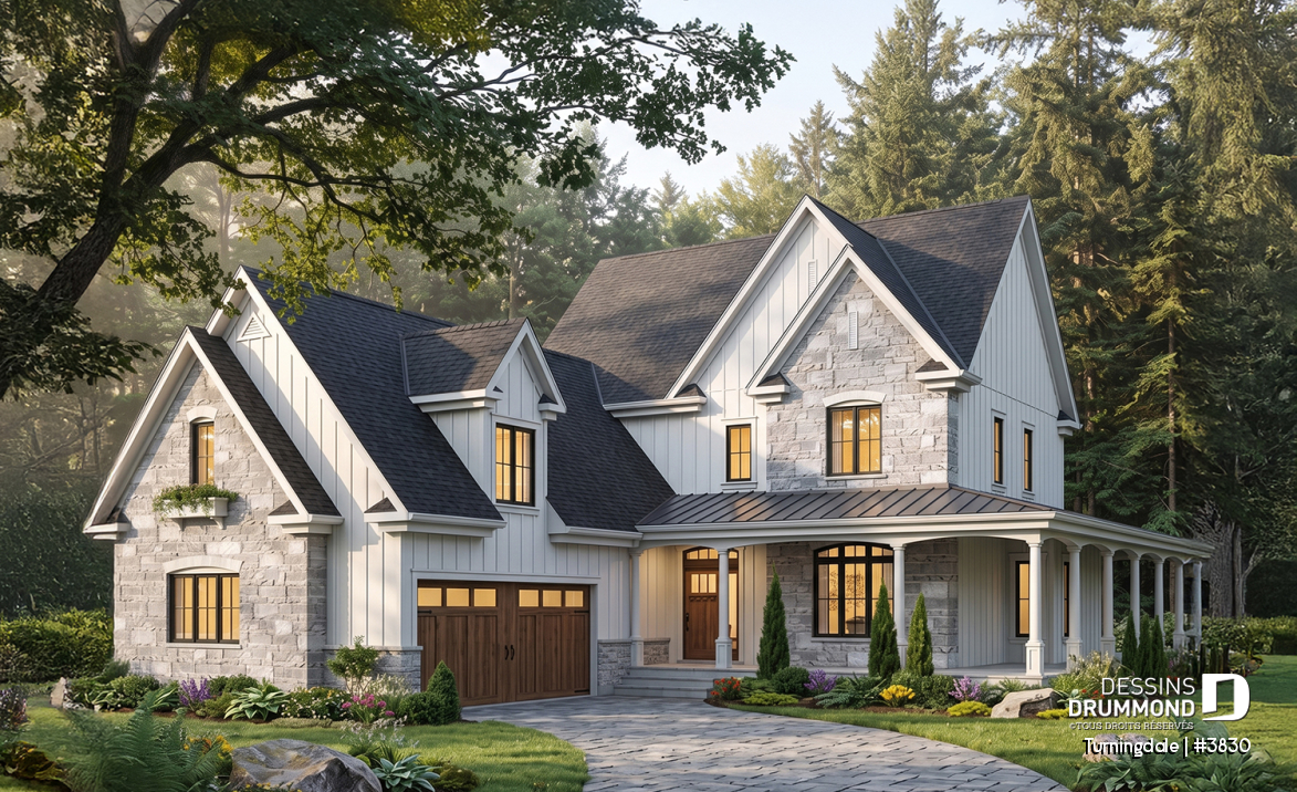Vue avant - MODÈLE DE BASE - Plan de maison farmhouse 4 chambres, garage double, bureau à domicile &amp; grand espace boni au-dessus du garage - Turningdale