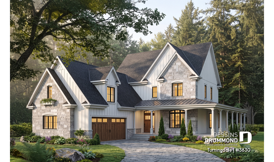 Vue avant - MODÈLE DE BASE - Plan de maison farmhouse 4 chambres, garage double, bureau à domicile &amp; grand espace boni au-dessus du garage - Turningdale