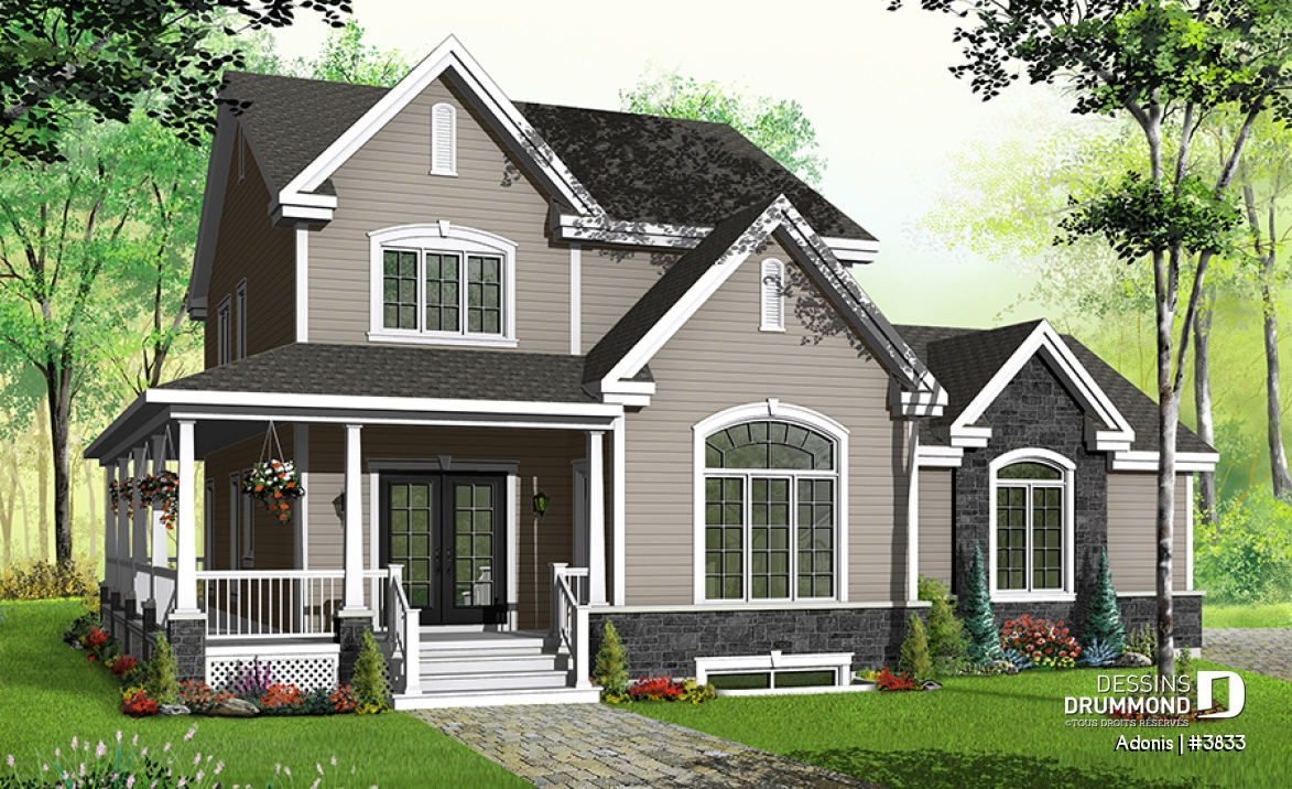 Vue avant - MODÈLE DE BASE - Plan  de maison 3 chambres, garage double, foyer, grand vestibule fermé, grande buanderie - Adonis