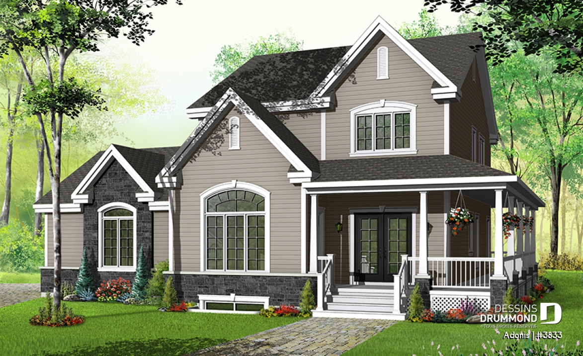 Vue avant - MODÈLE DE BASE - Plan  de maison 3 chambres, garage double, foyer, grand vestibule fermé, grande buanderie - Adonis