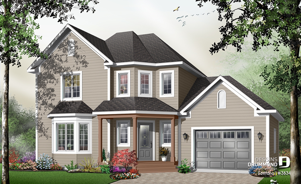 Vue avant - MODÈLE DE BASE - Plan de maison, 3 chambres, garage, cuisine avec îlot, grand salon - Fontana