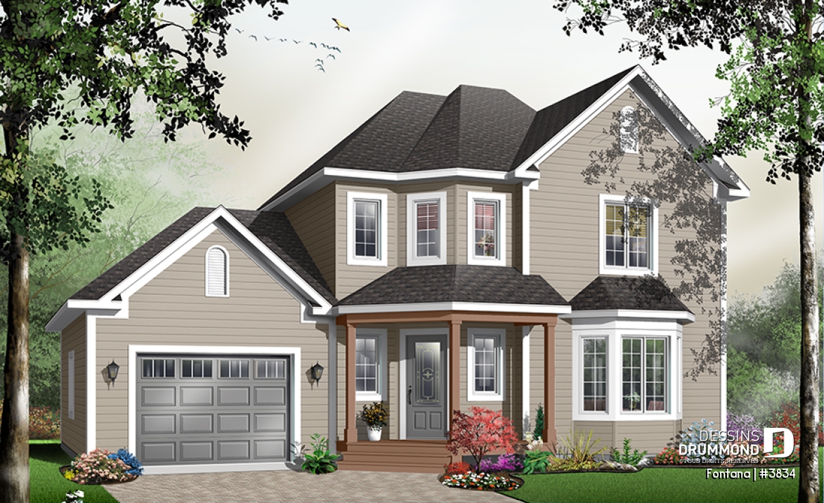 Vue avant - MODÈLE DE BASE - Plan de maison, 3 chambres, garage, cuisine avec îlot, grand salon - Fontana