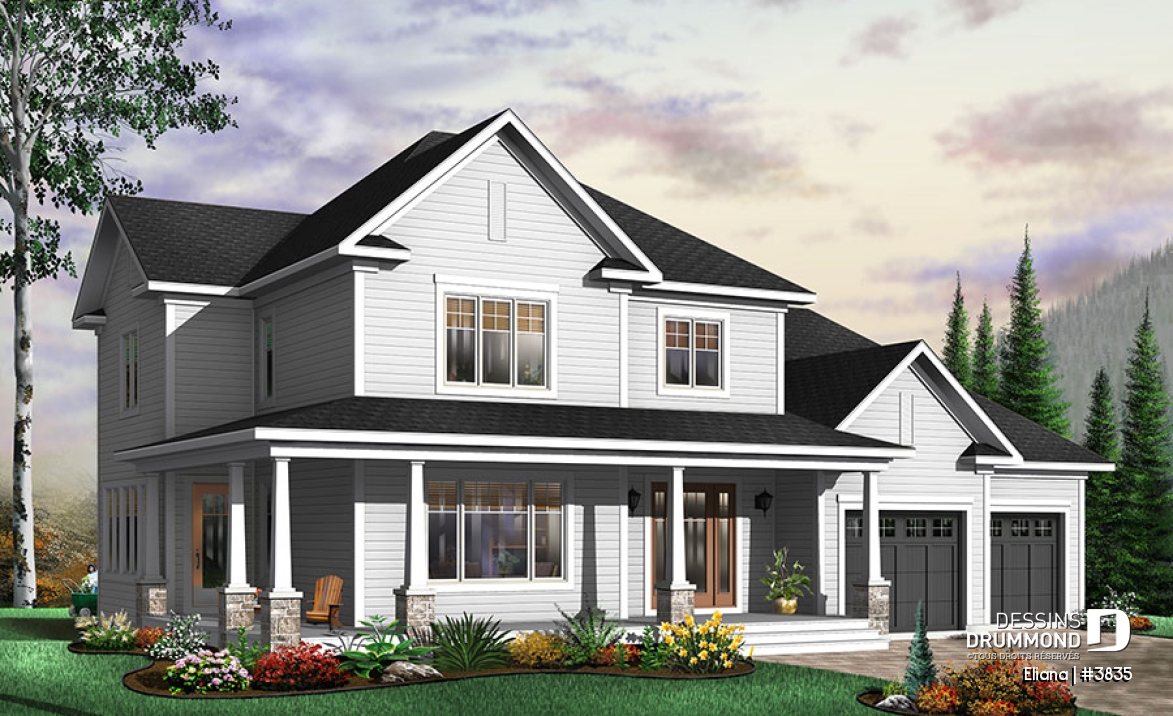 Vue avant - MODÈLE DE BASE - Maison de style américain, garage double, vestibule, salle à manger séparée, 4 chambres, foyer au salon - Eliana