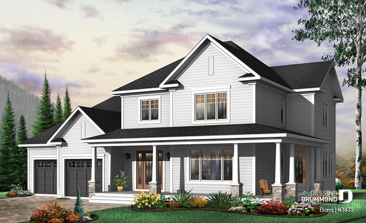 Vue avant - MODÈLE DE BASE - Maison de style américain, garage double, vestibule, salle à manger séparée, 4 chambres, foyer au salon - Eliana