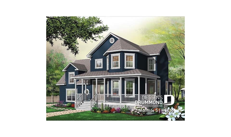 Vue avant - MODÈLE DE BASE - Plan de maison champêtre victorienne, 3 chambres + pièce boni + bureau avec foyer, garage double, plafond 9' - Mathilde 5